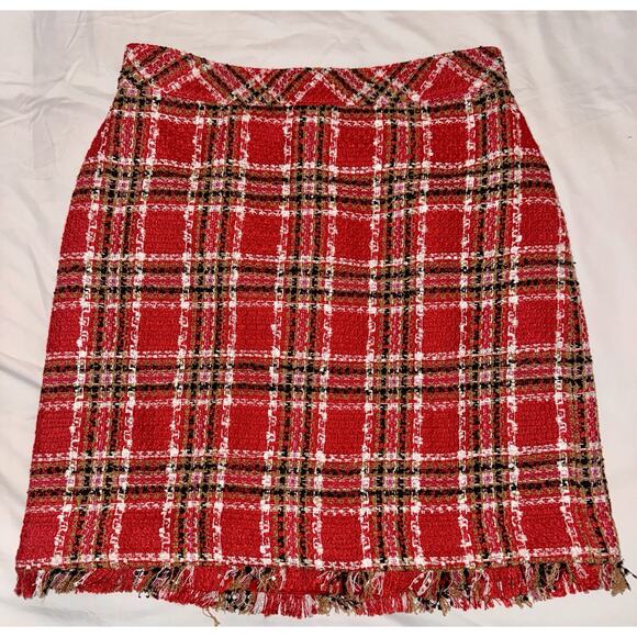 Ann Taylor Plaid Fringe Tweed Skirt Classic Red 578511 Sz 4 Top Of Knee NWOT - Picture 3 of 16
